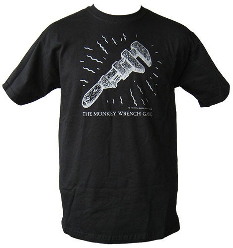 Item #11034 The Wrench T-Shirt - Black (M); The Monkey Wrench Gang T-Shirt Series. Edward Abbey/R. Crumb.