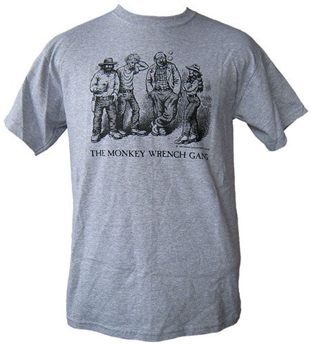 Item #12481 The Whole Gang T-Shirt - Grey (M); The Monkey Wrench Gang T-Shirt Series. Edward Abbey/R. Crumb.