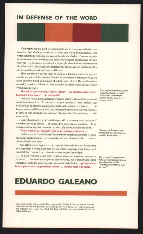 Item #24825 In defense of the word. Eduardo Galeano.