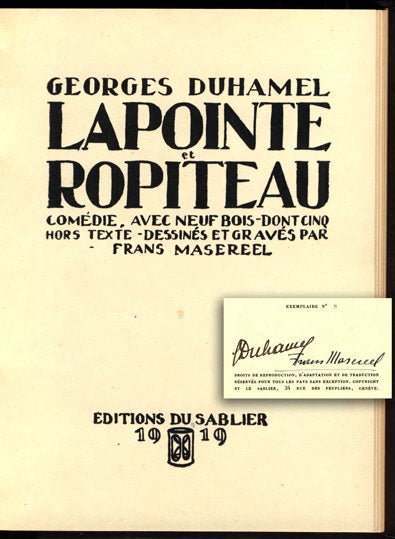 Item #37089 Lapointe et Ropiteau. Comedie. Frans Masereel, Georges Duhamel.