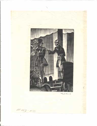 Item #43934 Signed Block Print from Mad Man's Drum [Scientist speaking to a crowd]. Lynd Ward.