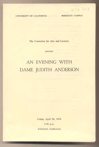 Item #46231 An Evening with Dame Judith Anderson. Committee for Arts, UC Berkeley Lectures.