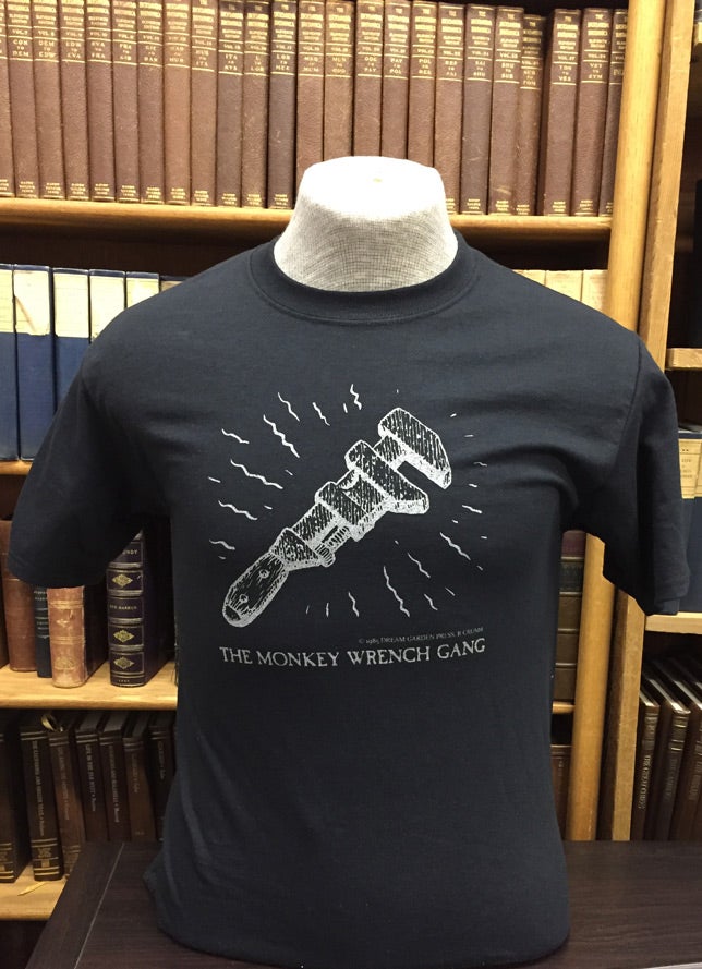 Item #46364 The Wrench T-Shirt - Black (S); The Monkey Wrench Gang T-Shirt Series. Edward Abbey/R. Crumb.