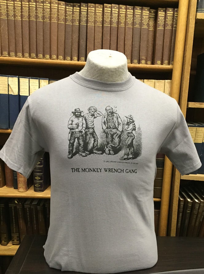 Item #46365 The Whole Gang T-Shirt - Grey (S); The Monkey Wrench Gang T-Shirt Series. Edward Abbey/R. Crumb.