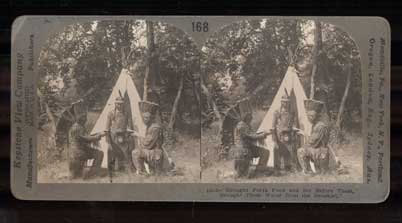 Item #46415 "Brought Forth Food and Set Before Them, Brought Them Water from the Brooklet." 168-(11942). An Indian Maiden and Two Braves, Minnesota. Stereoview.