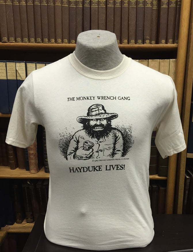 Item #49455 Hayduke Lives! T-Shirt - Natural (S); The Monkey Wrench Gang T-Shirt Series. Edward Abbey/R. Crumb.