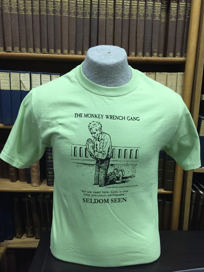 Item #49461 Seldom Seen Smith T-Shirt (Earthquake) - Pistachio (S); The Monkey Wrench Gang T-Shirt Series. Edward Abbey/R. Crumb.