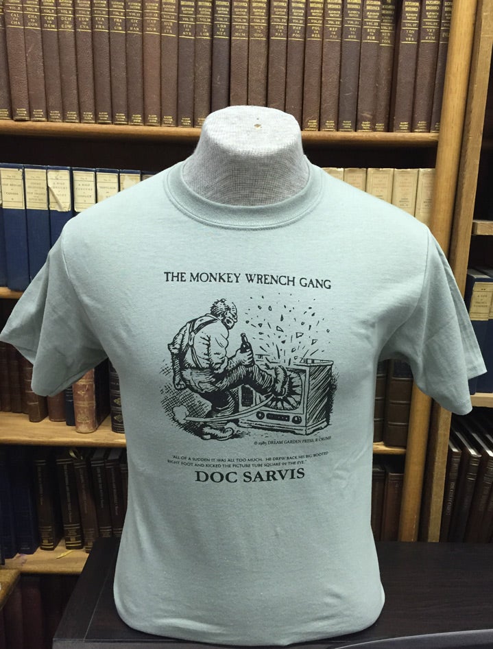 Item #49482 Doc Sarvis T-Shirt - Stonewash Green (S); The Monkey Wrench Gang T-Shirt Series. Edward Abbey/R. Crumb.