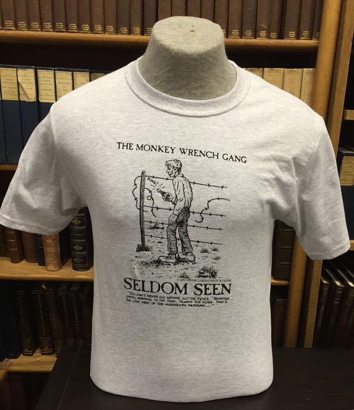 Item #49486 Seldom Seen Smith T-Shirt (Fence) - Ash (S); The Monkey Wrench Gang T-Shirt Series. Edward Abbey/R. Crumb.