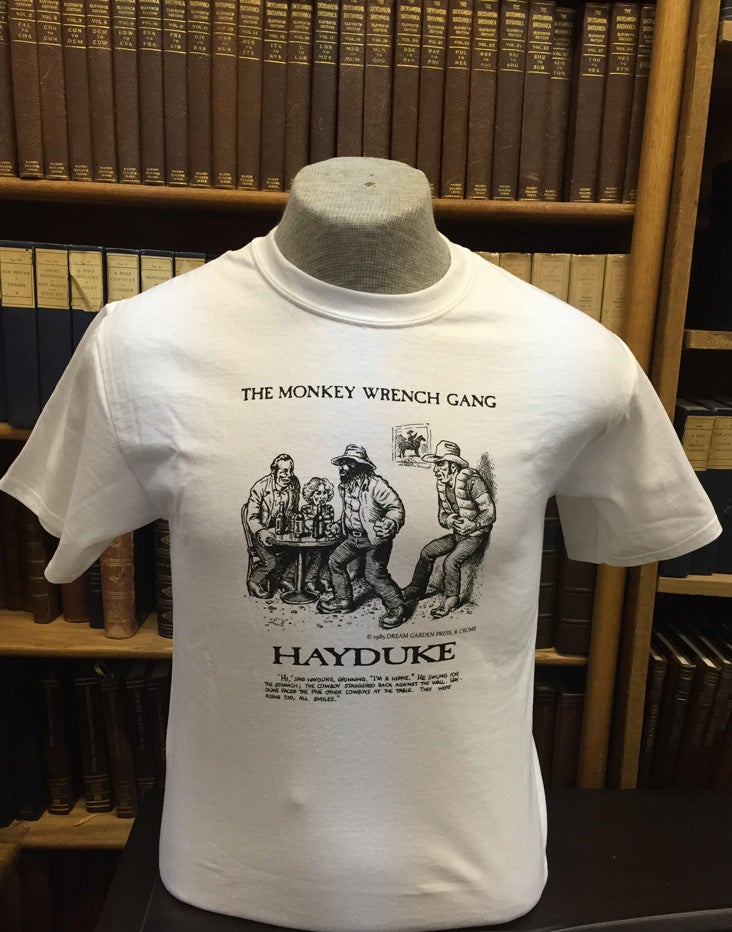 Item #49495 Hayduke "I'm a Hippie!" T-Shirt - White (S); The Monkey Wrench Gang T-Shirt Series. Edward Abbey/R. Crumb.