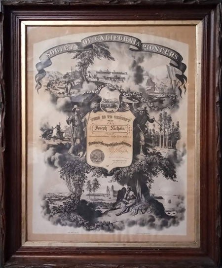 Item #50603 Society of California Pioneers Membership Certificate Issued to Joseph Nichols, Member of Samuel Brannan's Mormon Party on the Ship Brooklyn
