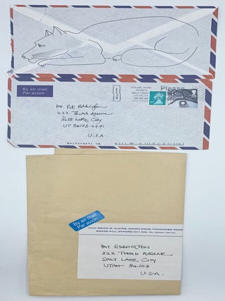 A large archive of 17 signed letters, 2 signed cards, 4 original manuscript pieces, 1 original drawing, 11 blank empty envelopes addressed to the recipient (one with a drawing of a cat in ink), and 1 inscribed book, all sent from the prolific science fiction writer, Brian W. Aldiss, to his long-time friend Patrick Eddington, the late Utah artist and former high school art teacher, who had as a goal the desire to create “The Cat Project,” where literary and visual artists from around the world were asked to produce original works about cats, which would be included in a traveling exhibition and book (unfortunately never realized). Also included in the archive are 4 pieces of ephemera relating to the correspondence or author.