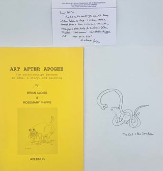 A large archive of 17 signed letters, 2 signed cards, 4 original manuscript pieces, 1 original drawing, 11 blank empty envelopes addressed to the recipient (one with a drawing of a cat in ink), and 1 inscribed book, all sent from the prolific science fiction writer, Brian W. Aldiss, to his long-time friend Patrick Eddington, the late Utah artist and former high school art teacher, who had as a goal the desire to create “The Cat Project,” where literary and visual artists from around the world were asked to produce original works about cats, which would be included in a traveling exhibition and book (unfortunately never realized). Also included in the archive are 4 pieces of ephemera relating to the correspondence or author.