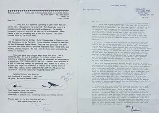A large archive of 17 signed letters, 2 signed cards, 4 original manuscript pieces, 1 original drawing, 11 blank empty envelopes addressed to the recipient (one with a drawing of a cat in ink), and 1 inscribed book, all sent from the prolific science fiction writer, Brian W. Aldiss, to his long-time friend Patrick Eddington, the late Utah artist and former high school art teacher, who had as a goal the desire to create “The Cat Project,” where literary and visual artists from around the world were asked to produce original works about cats, which would be included in a traveling exhibition and book (unfortunately never realized). Also included in the archive are 4 pieces of ephemera relating to the correspondence or author.