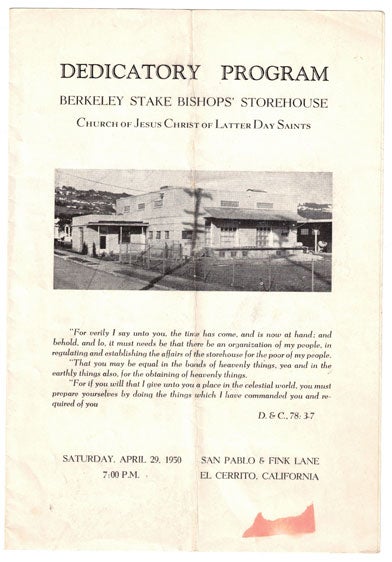 Item #55143 Dedicatory Program. Berkeley Stake Bishops' Storehouse, Church of Jesus Christ of Latter Day Saints. Saturday, April 29, 1950. San Pablo & Fink Lane. El Cerrito, California. California, Mormons.