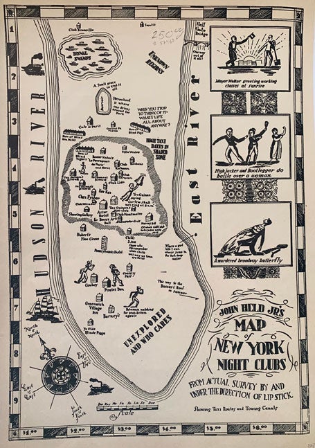 Item #57480 John Held Jr's Map of New York Night Clubs from Actual Survey By and Under the Direction of Lip Stick. Showing Taxi Routes and Towing Canals. John Held, Jr.