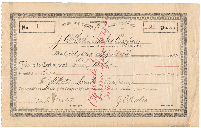 Item #57505 No. 1. Capital Stock, $9000. Shares, $125 each. 2 Shares. J. C. Weeter Lumber Company Incorporated under the laws of Utah Ter. Park City, Utah April 13th, 1894. This is to Certify that (?) Parker is entitled to Two Shares in Capital Stock of the J. C. Weeter Lumber Company. Canceled certificate.