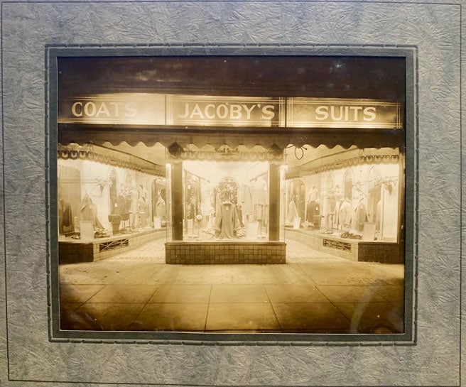 Item #58977 Two large fashion window display photographs of men's suits in downtown Bridgeport, Connecticut. Jazz Age Photographs - Men's Suits.