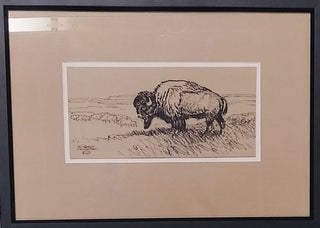 Item #59192 [Original Art] Drawing of Bison with Bison Herd in Background. Robert Lougheed