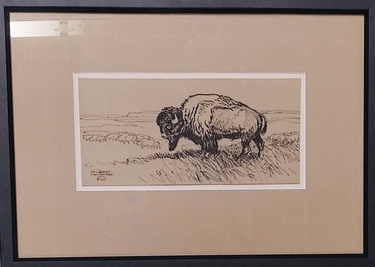 Item #59192 [Original Art] Drawing of Bison with Bison Herd in Background. Robert Lougheed.