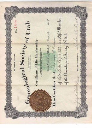 Item #61238 Genealogical Society of Utah Certificate of Life Membership. Salt Lake City, Utah, 9...