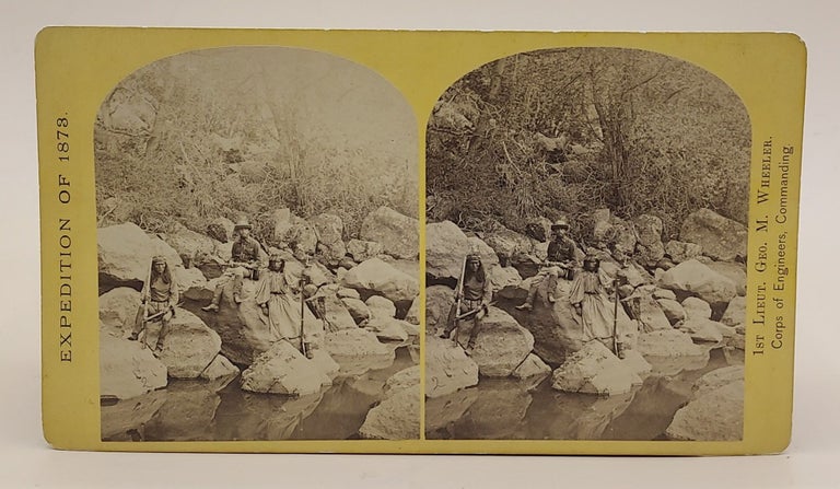 Item #63324 Geographical and Geological Explorations and Surveys West of the 100th Meridian. No. 29. Coyotero Apache Scouts, at Apache Lake, Sierra Blanca Range, Arizona. A member of the expedition in back-ground. (F. 2.) (Expedition of 1873). T. H. O'Sullivan, George M. Wheeler, Commanding Corps of Engineers, Timothy.