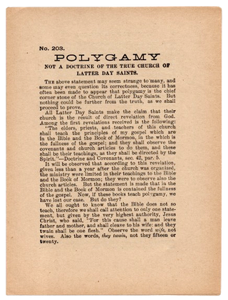 Item #63843 Polygamy Not a Doctrine of the True Church of Latter Day Saints. Reorganized Church...