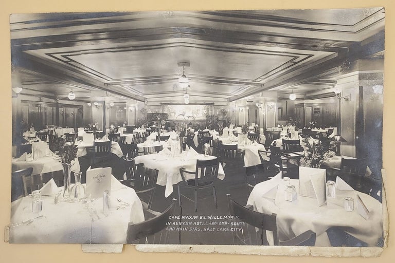 Item #64201 Cafe Maxim. E. L. Wille Mgr. In Kenyon Hotel. Cor 2nd South and Main Strs, Salt Lake City [German Press Photo]. Photograph, Salt Lake City Eatery.