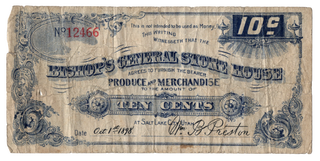 10 Cent Note. Bishop's General Store House for Produce and Merchandise.
