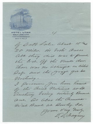 Letter Written to W. G. Norris, President of Norris Safe & Lock Co. Describing an Attempted Bank Burglary at State Bank of Tremonton