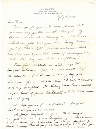 Small Archive Related to Ann Stanford: Offprint of "The Descent" inscribed by author to children's author Ruth L. Holberg. With ALS to Holberg and a copy of Poetry Society of America Bulletin, May 1969