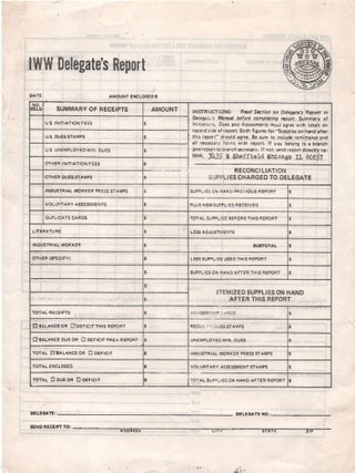 Item #69334 Blank IWW Delegate's Report. Ephemera, Industrial Workers of the World / I. W W. / IWW
