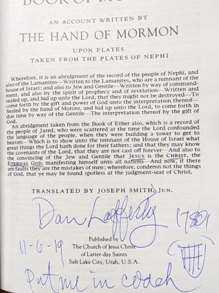 The Book of Mormon: An Account Written by the Hand of Mormon, Upon Plates taken from the Plates of Nephi (Two copies- one copy inscribed by Mark Hofmann, the other inscribed by Dan Lafferty)