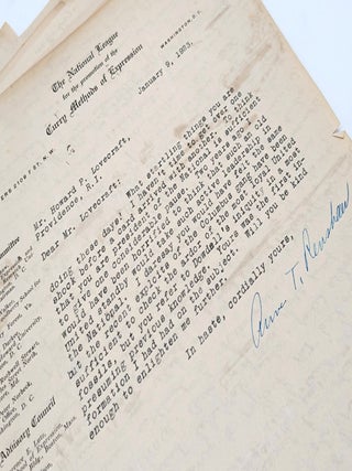 Original partial autograph manuscript draft for "The Cancer of Superstition" [twenty-three hand-numbered leaves present: 16, 18, 24&ndash;26, 26b, and 27&ndash;43] written across the versos of recycled incoming correspondence.