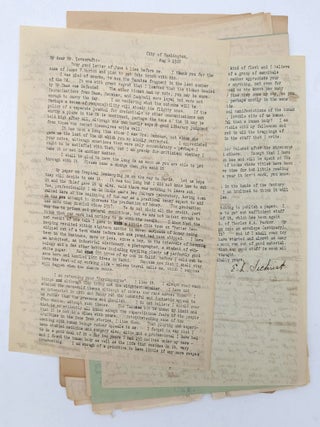 Original partial autograph manuscript draft for "The Cancer of Superstition" [twenty-three hand-numbered leaves present: 16, 18, 24&ndash;26, 26b, and 27&ndash;43] written across the versos of recycled incoming correspondence.