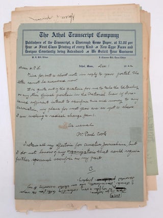 Original partial autograph manuscript draft for "The Cancer of Superstition" [twenty-three hand-numbered leaves present: 16, 18, 24&ndash;26, 26b, and 27&ndash;43] written across the versos of recycled incoming correspondence.
