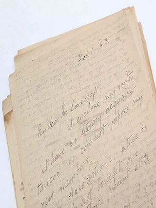 Original partial autograph manuscript draft for "The Cancer of Superstition" [twenty-three hand-numbered leaves present: 16, 18, 24&ndash;26, 26b, and 27&ndash;43] written across the versos of recycled incoming correspondence.