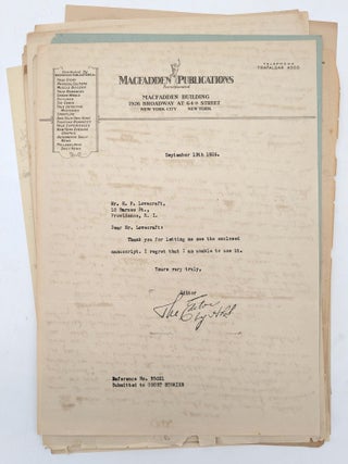 Original partial autograph manuscript draft for "The Cancer of Superstition" [twenty-three hand-numbered leaves present: 16, 18, 24&ndash;26, 26b, and 27&ndash;43] written across the versos of recycled incoming correspondence.