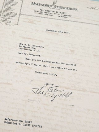 Original partial autograph manuscript draft for "The Cancer of Superstition" [twenty-three hand-numbered leaves present: 16, 18, 24&ndash;26, 26b, and 27&ndash;43] written across the versos of recycled incoming correspondence.